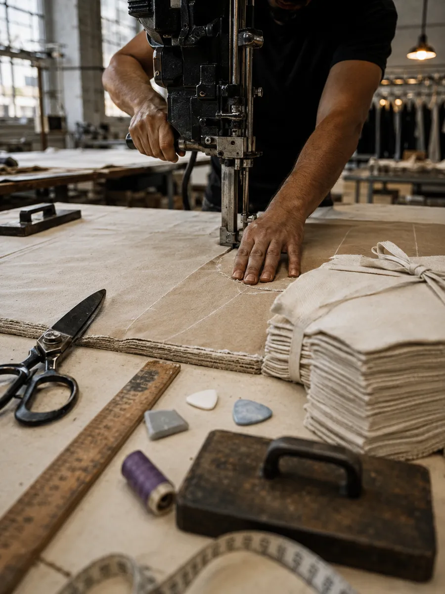 Cut-and-sew fabric cutting on a marked pattern in a Los Angeles clothing factory