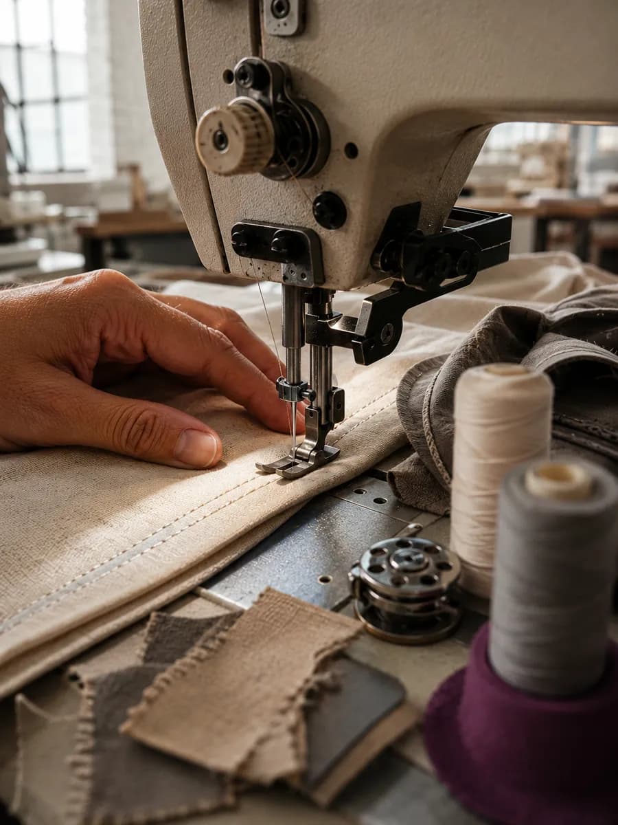 Industrial topstitching on premium fabric, custom cut-and-sew production in Los Angeles