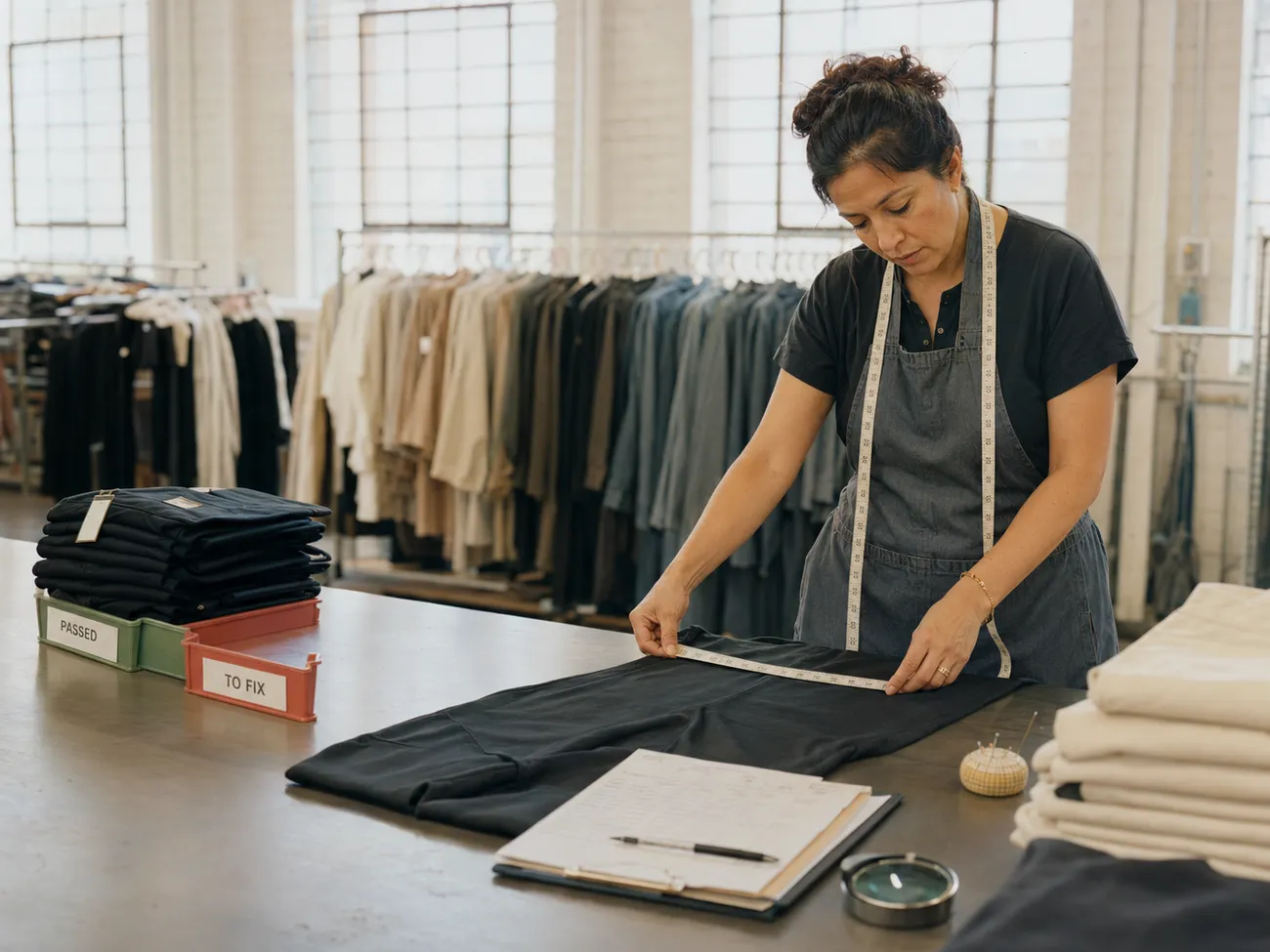Quality control inspection of a finished garment in a Made-in-USA Los Angeles factory