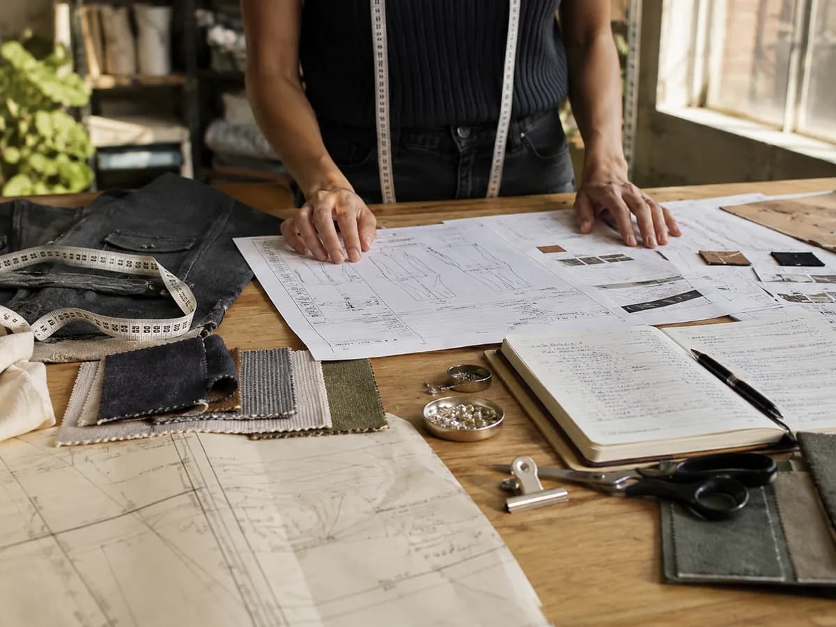 Designer reviewing tech packs and fabric swatches at a worktable in an LA fashion studio