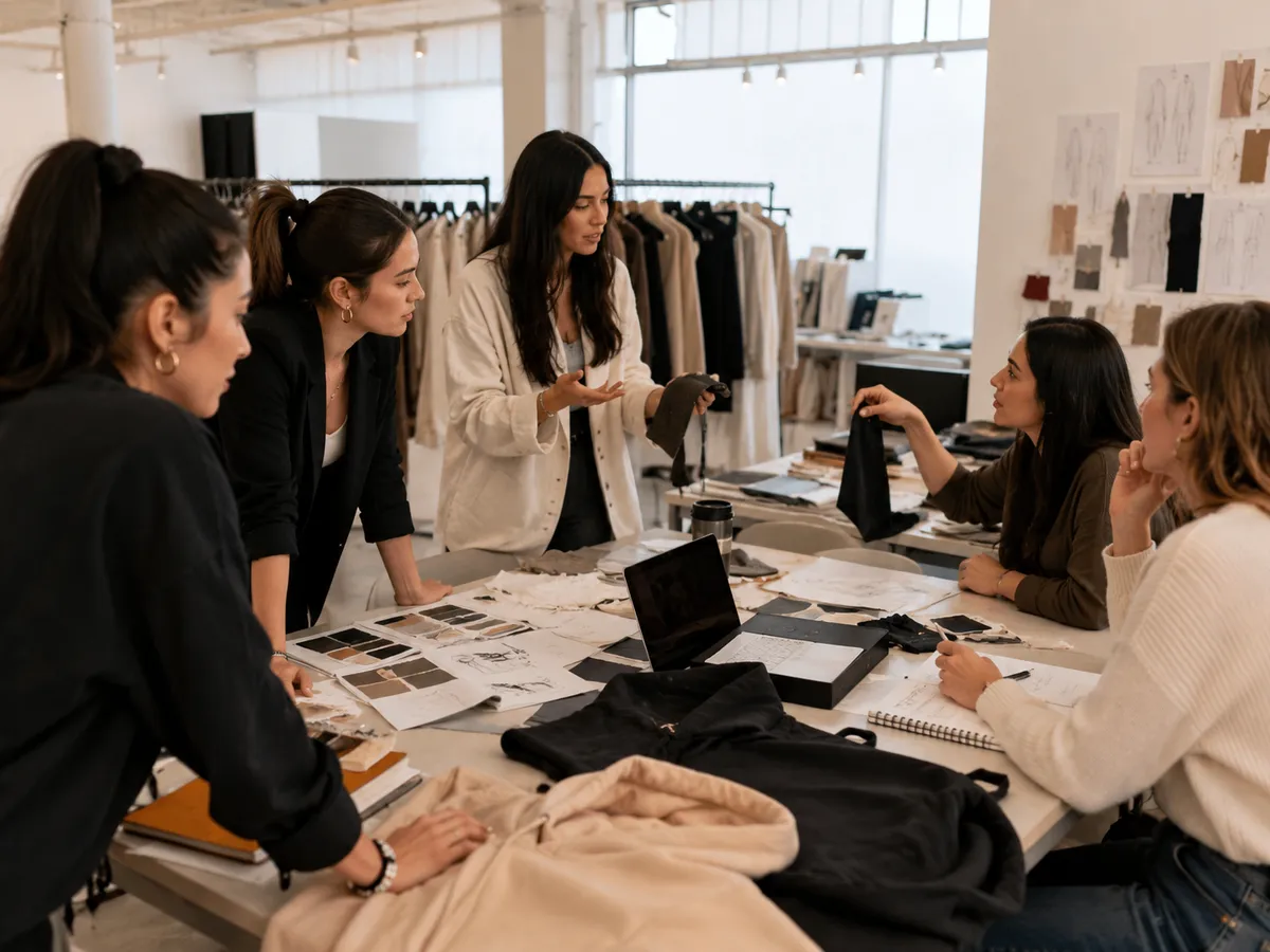 Founders collaborating around a worktable at the in-person LA Fashion Production Workshop