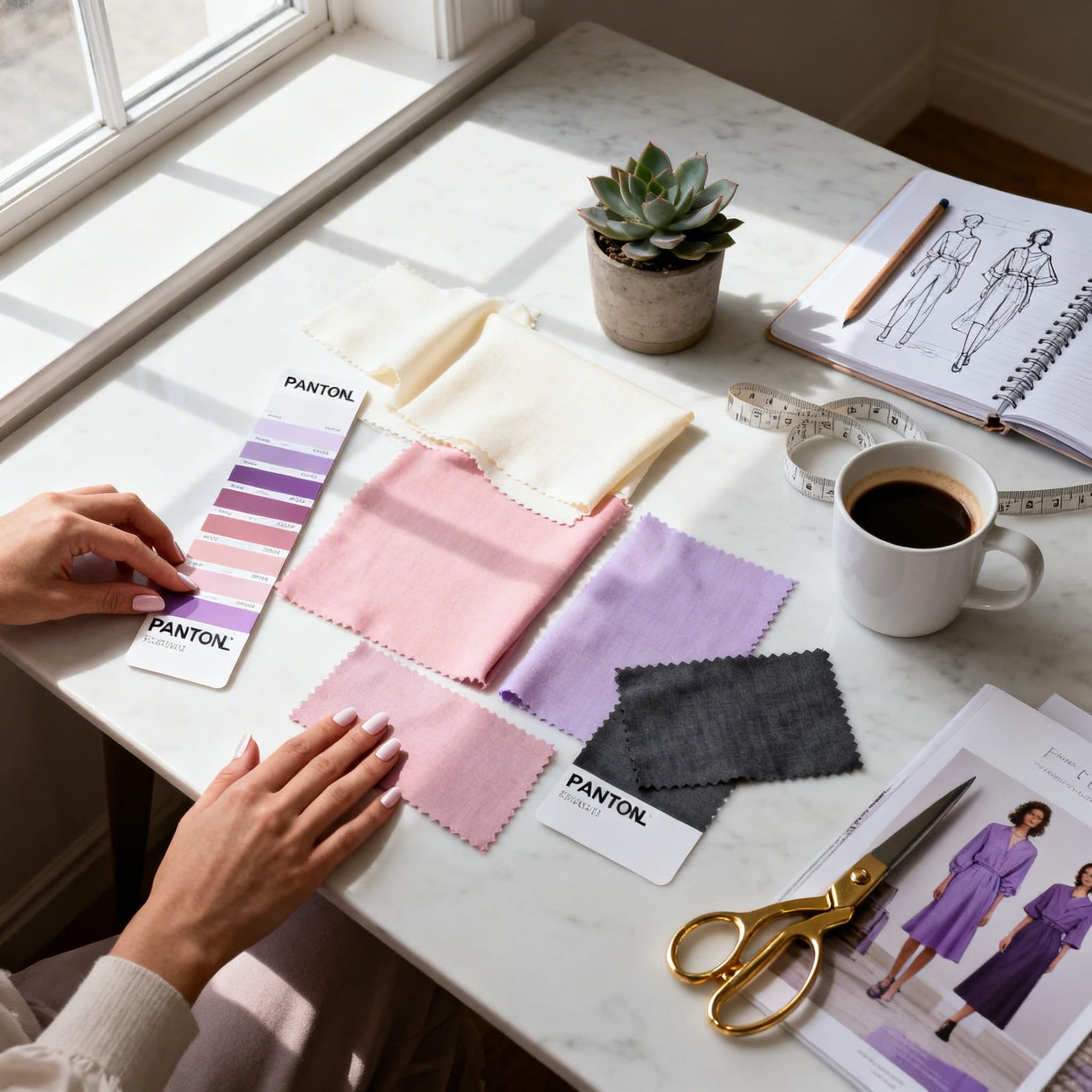 Fashion mood board with fabric swatches and color palettes