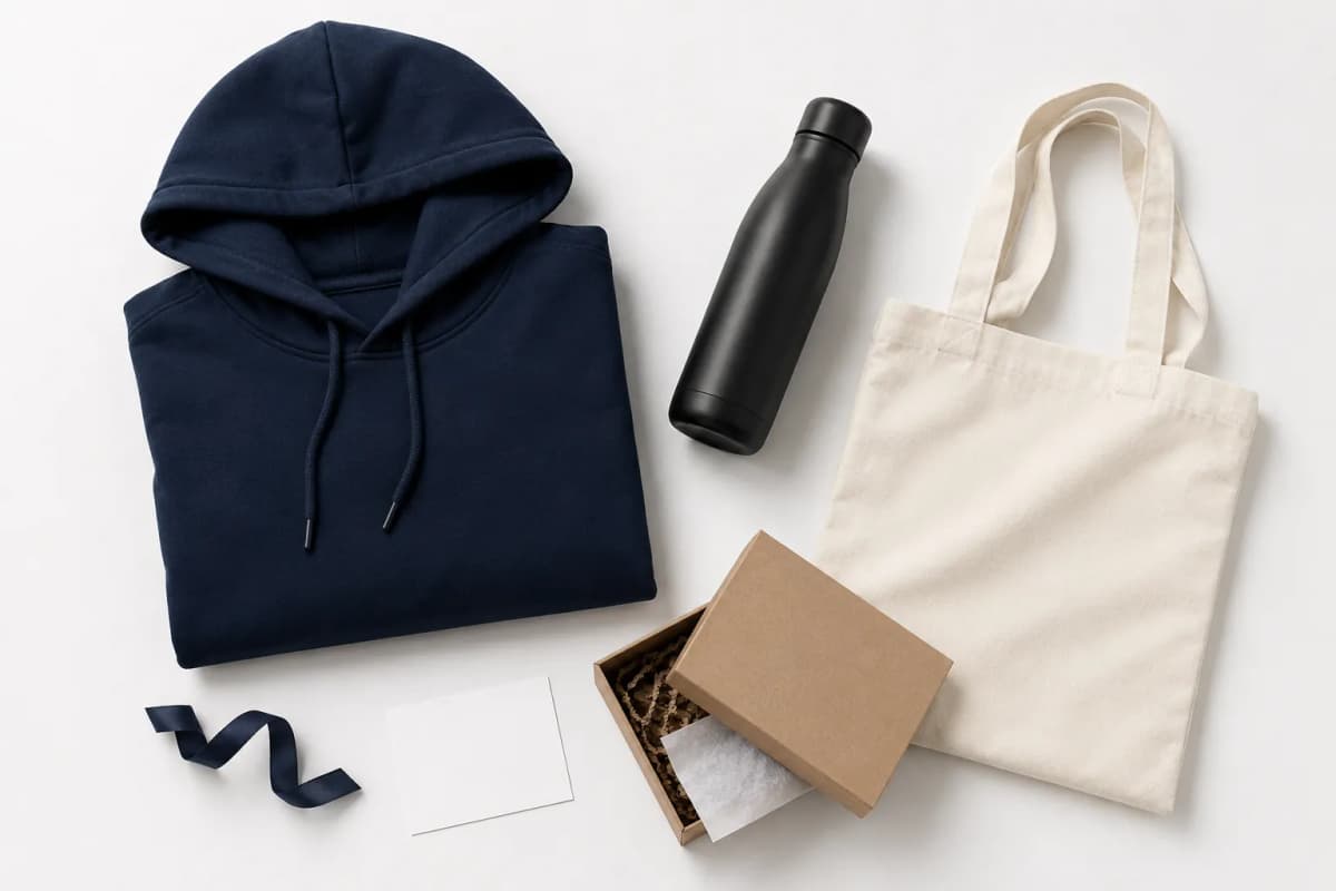 Corporate swag kits and branded merchandise being prepared for delivery in Los Angeles