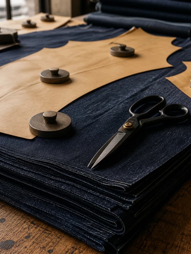 Layers of dark indigo denim spread on a cutting table with paper pattern pieces and shears in a Los Angeles garment studio