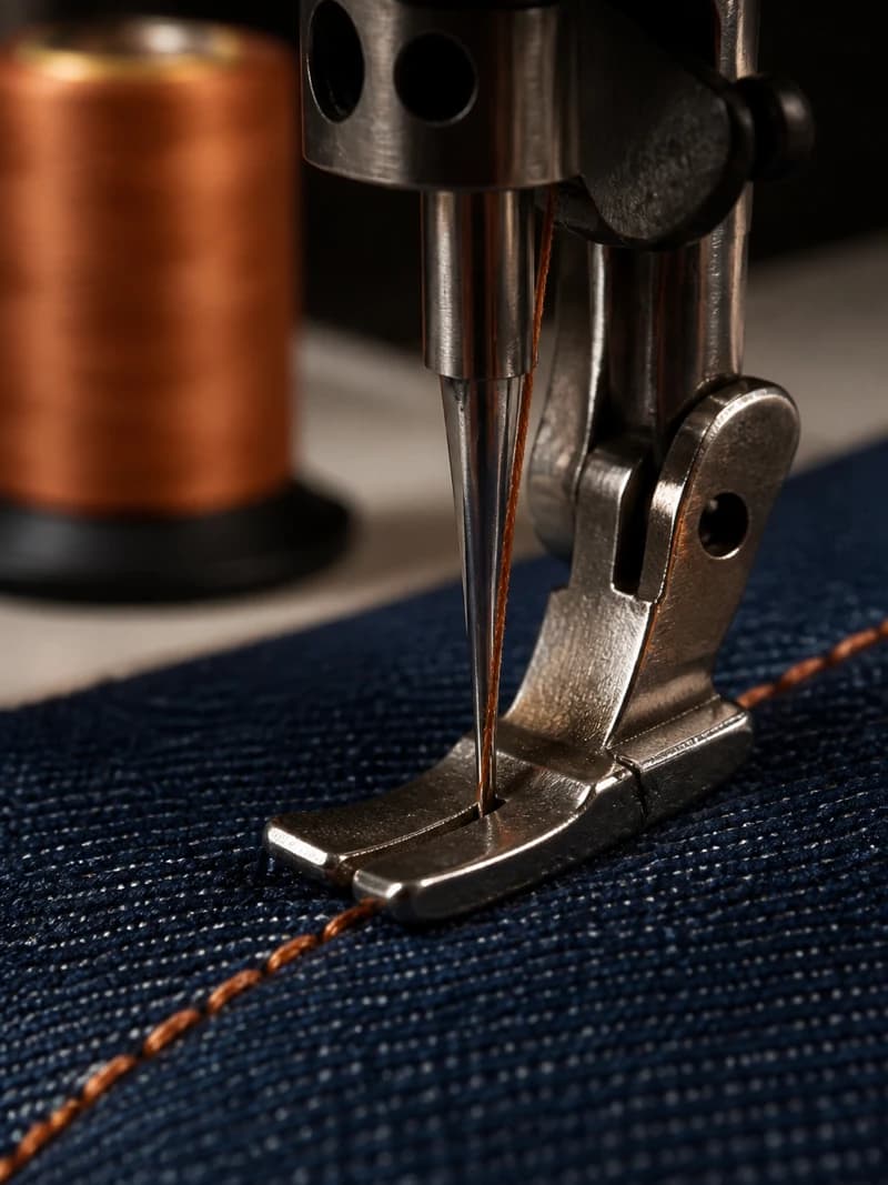 Macro close-up of an industrial sewing machine stitching copper topstitching into dark indigo denim