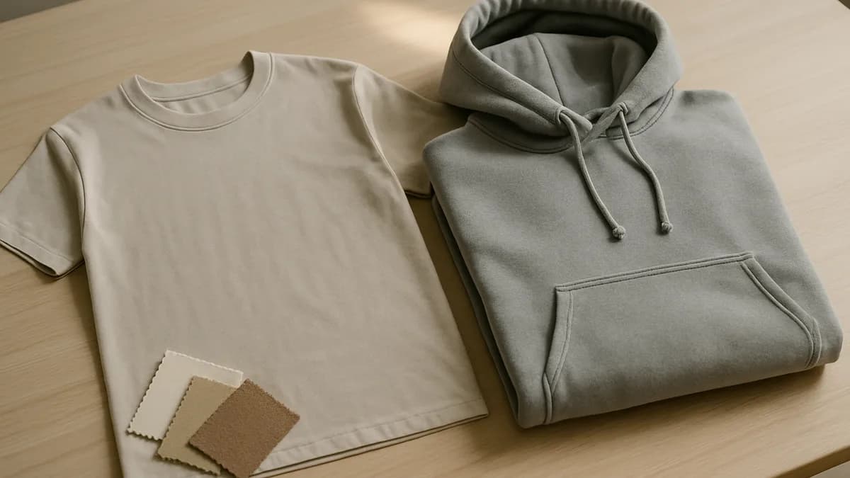 Cut-and-sew vs blank decoration, a stock tee beside a custom hoodie in a Los Angeles studio (cut-and-sew-vs-blank-decoration)