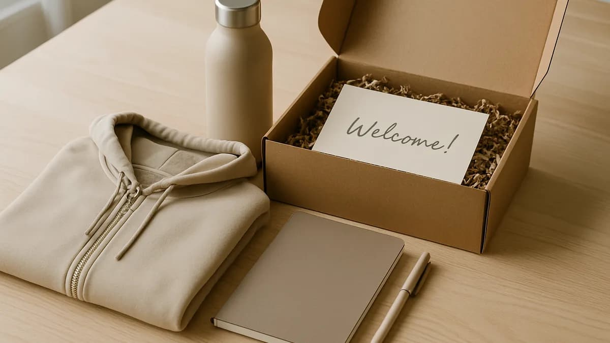 Employee welcome kit, a folded hoodie, bottle, notebook and card in a Los Angeles studio (employee-onboarding-welcome-kits)