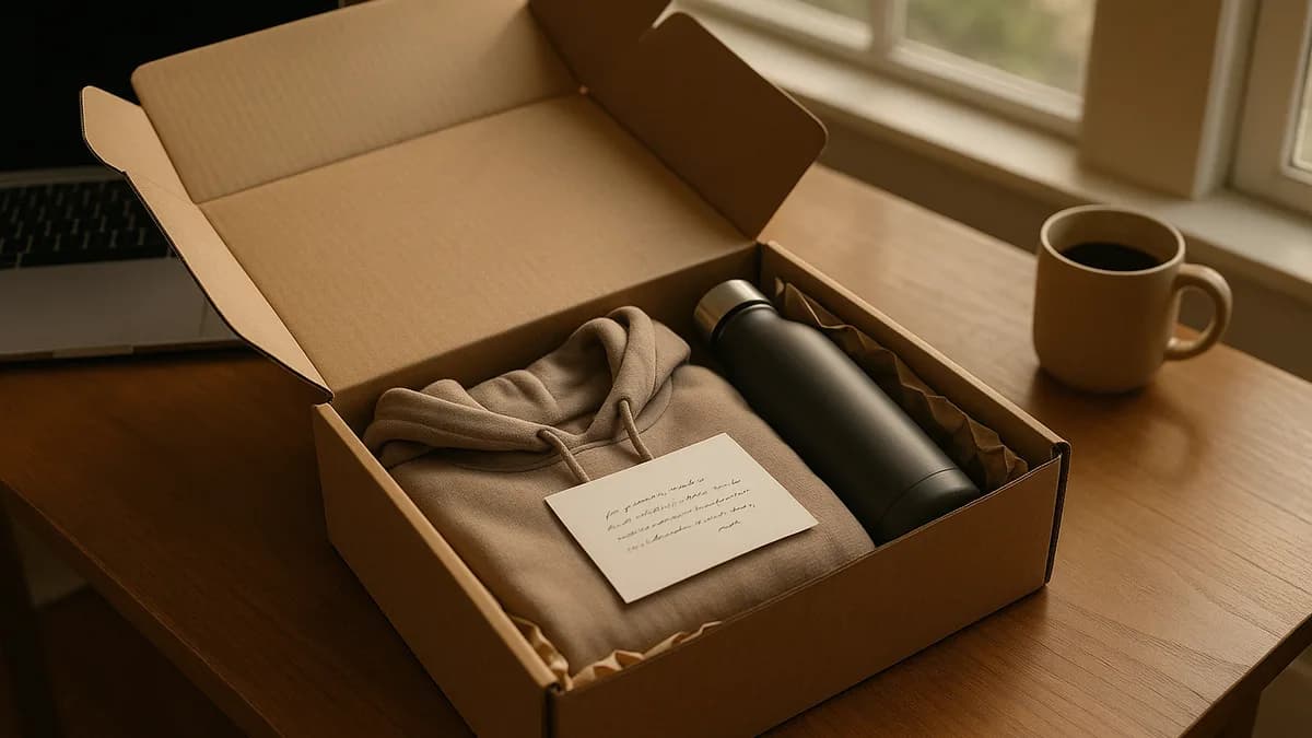 Open remote team swag kit box on a home desk with hoodie, bottle, and handwritten note (remote-team-swag-kits)