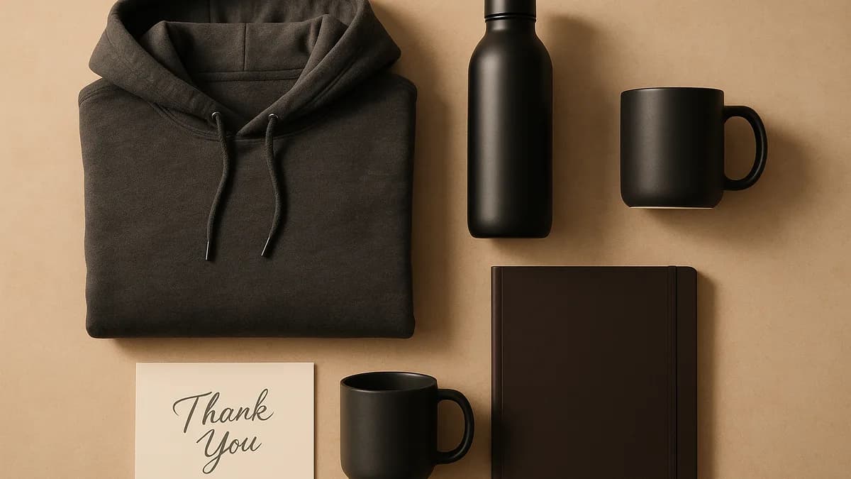 Flat-lay of premium made-in-LA employee appreciation gifts including a heavyweight hoodie, insulated bottle, mug, and handwritten thank-you note (employee-appreciation-gifts)