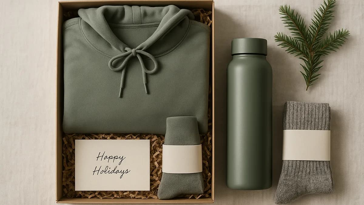 Premium made-in-LA corporate holiday gift box with a folded hoodie, insulated bottle, and handwritten notecard (corporate-holiday-gift-guide-la)