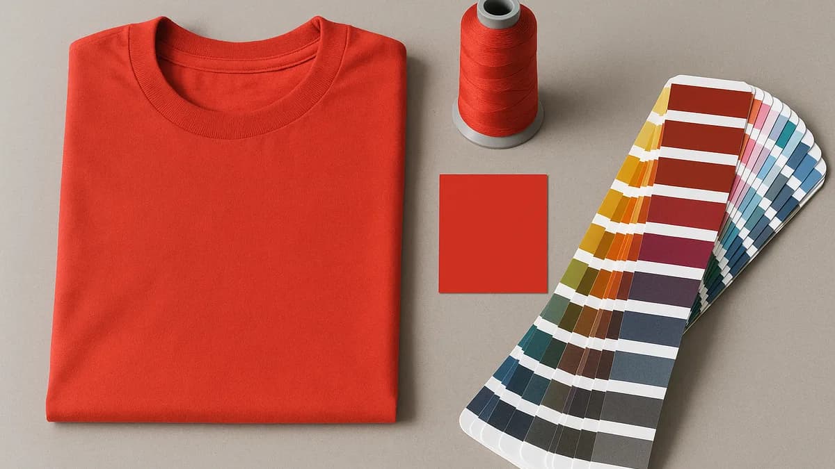 Pantone color guide matched against fabric, ink, and thread for custom merch (pantone-color-matching-merch)