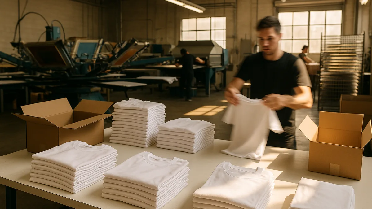 Rush Custom Merch in LA Rush custom merch order of printed tees being boxed for same-day LA delivery (rush-custom-merch-la)