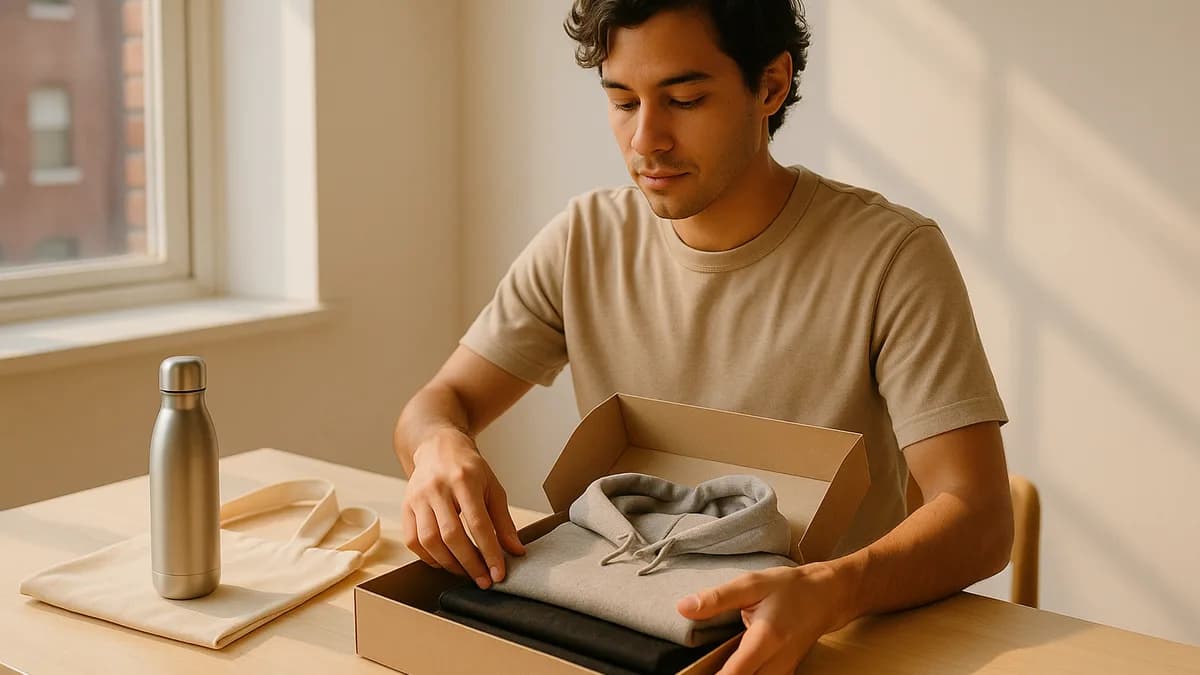Founder packing a first startup swag order of made-in-LA tees and hoodies (swag-for-startups)