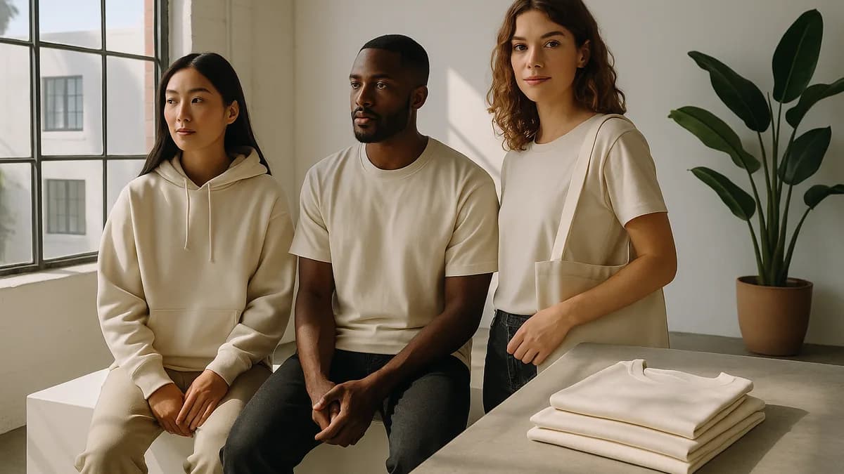 Creative agency team wearing retail-quality cut-and-sew corporate merch in a Los Angeles studio (corporate-merch-agencies-studios-la)